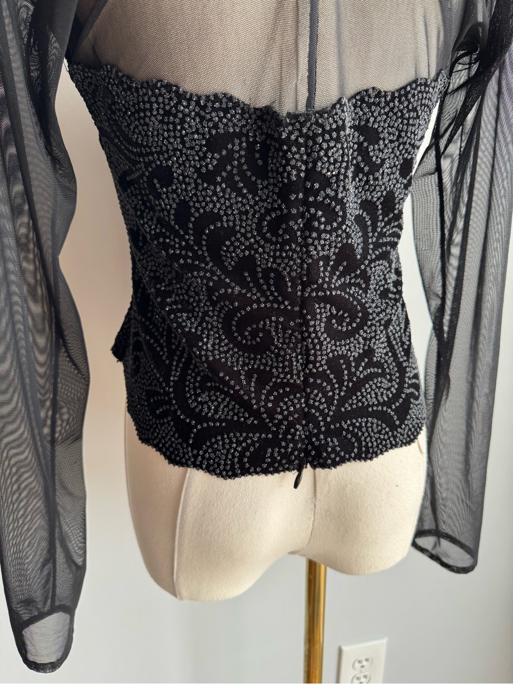 Vintage Y2K Glitter Party Top XS S Black Sheer Mesh Long Sleeve Gothic Glam Edgy - Picture 11 of 12